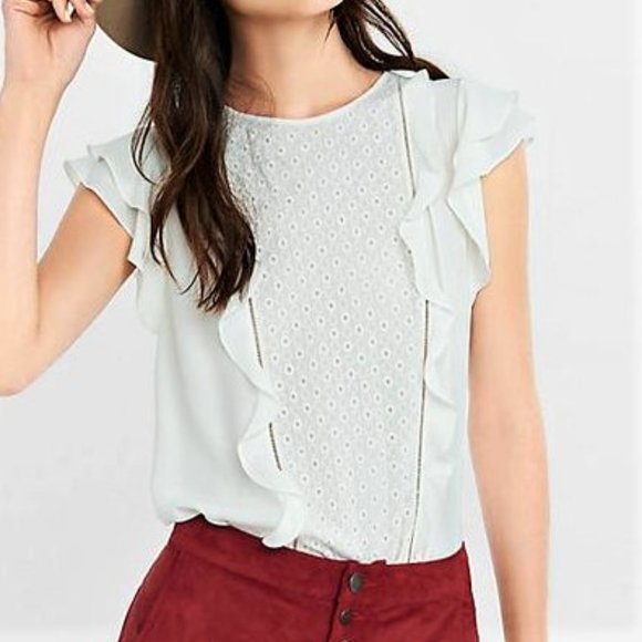 Embroidered Ruffled-Front Flutter Sleeve Blouse XS - Picture 1 of 16